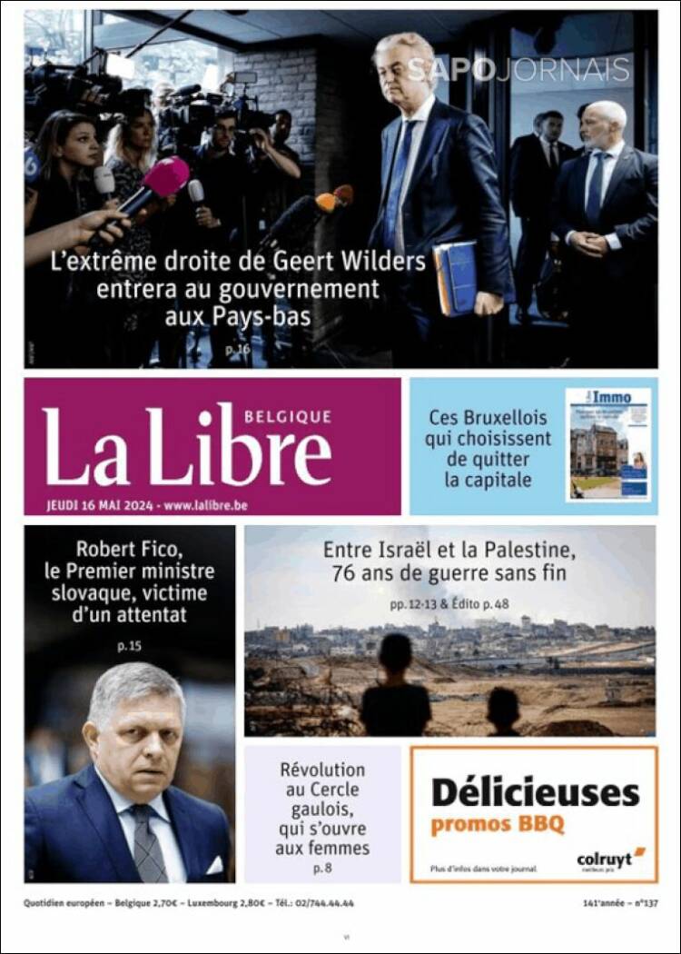 Portada de La Libre.be (B&eacute;lgica)