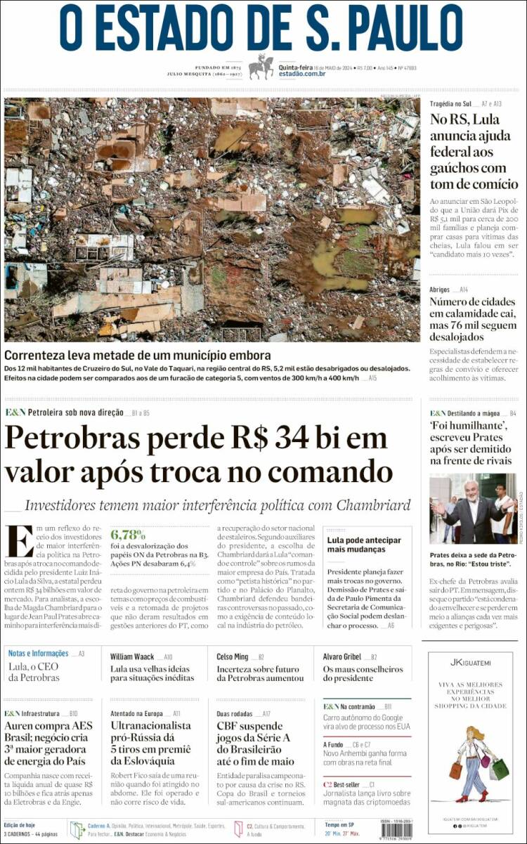 Portada de O Estado de São Paulo (Brasil)