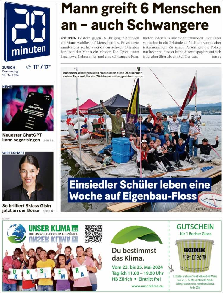 Portada de 20Minuten - Zürich (Suiza)