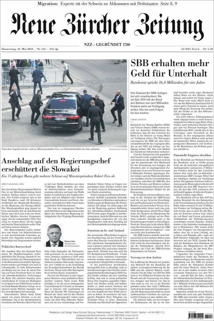 Portada de Neue Zürcher Zeitung (Suiza)