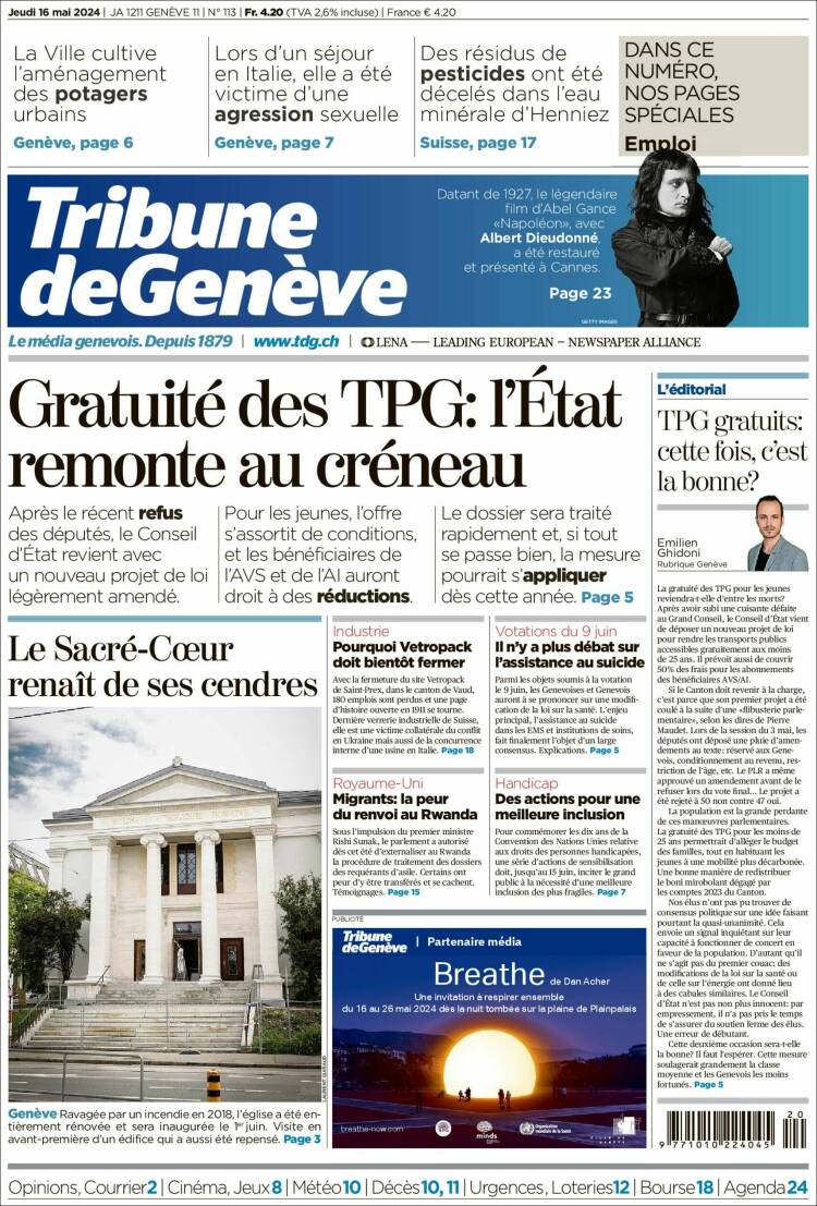Portada de La Tribune de Genève (Suiza)