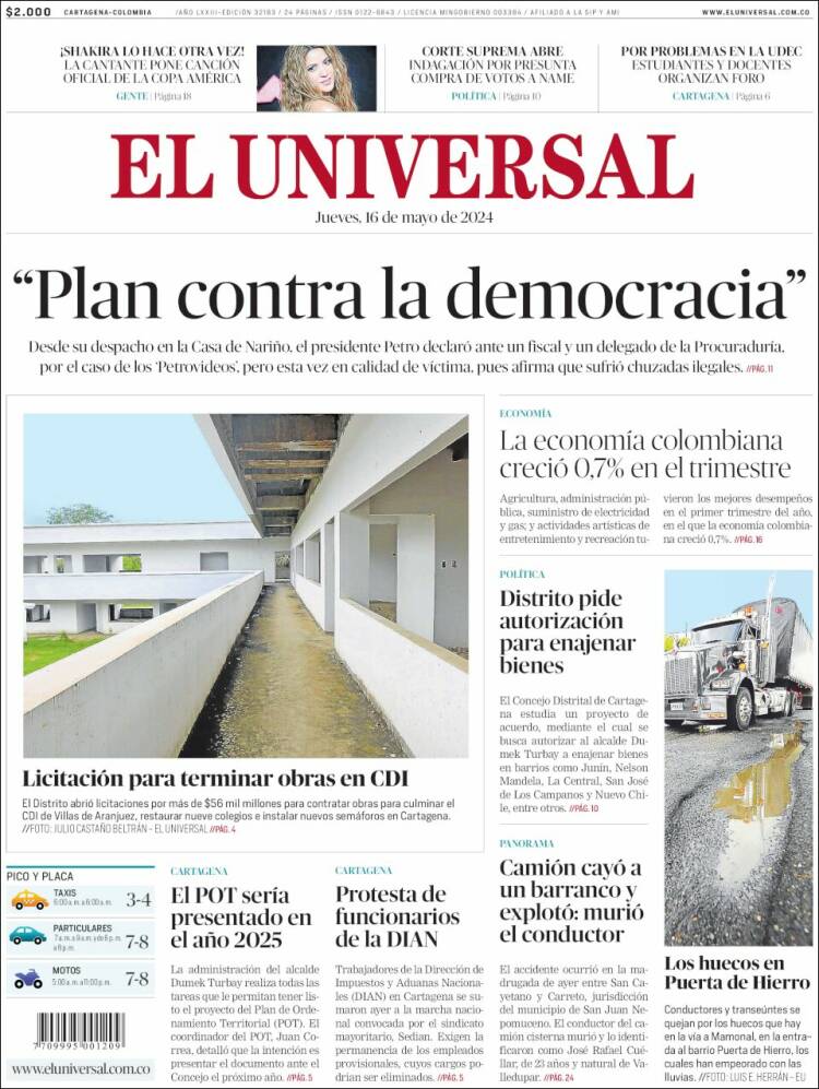 Portada de El Universal (Colombia)