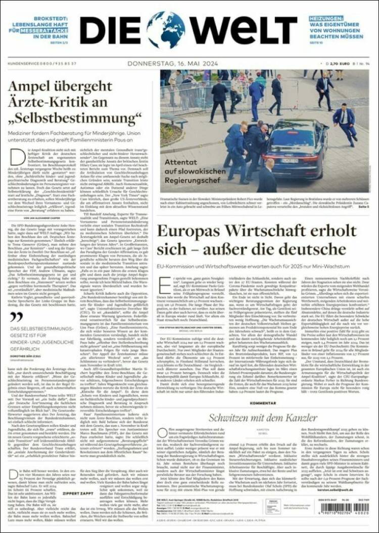 Portada de Die Welt (Alemania)