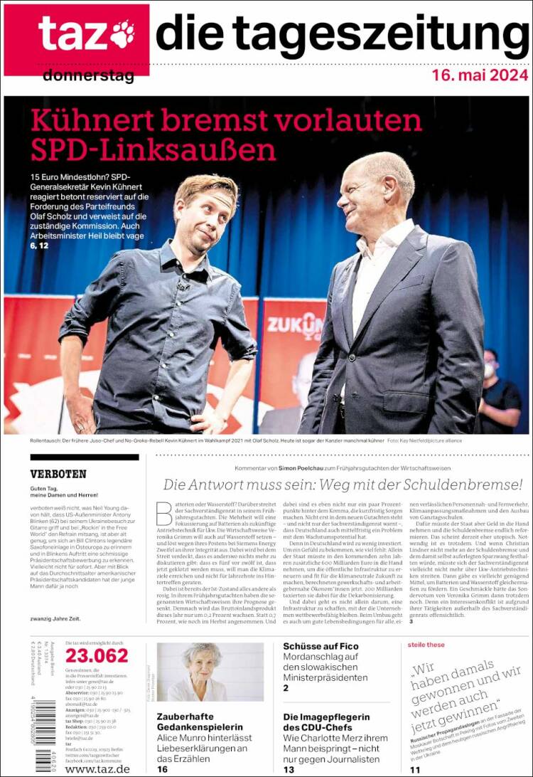 Portada de Die Tageszeitung (Alemania)