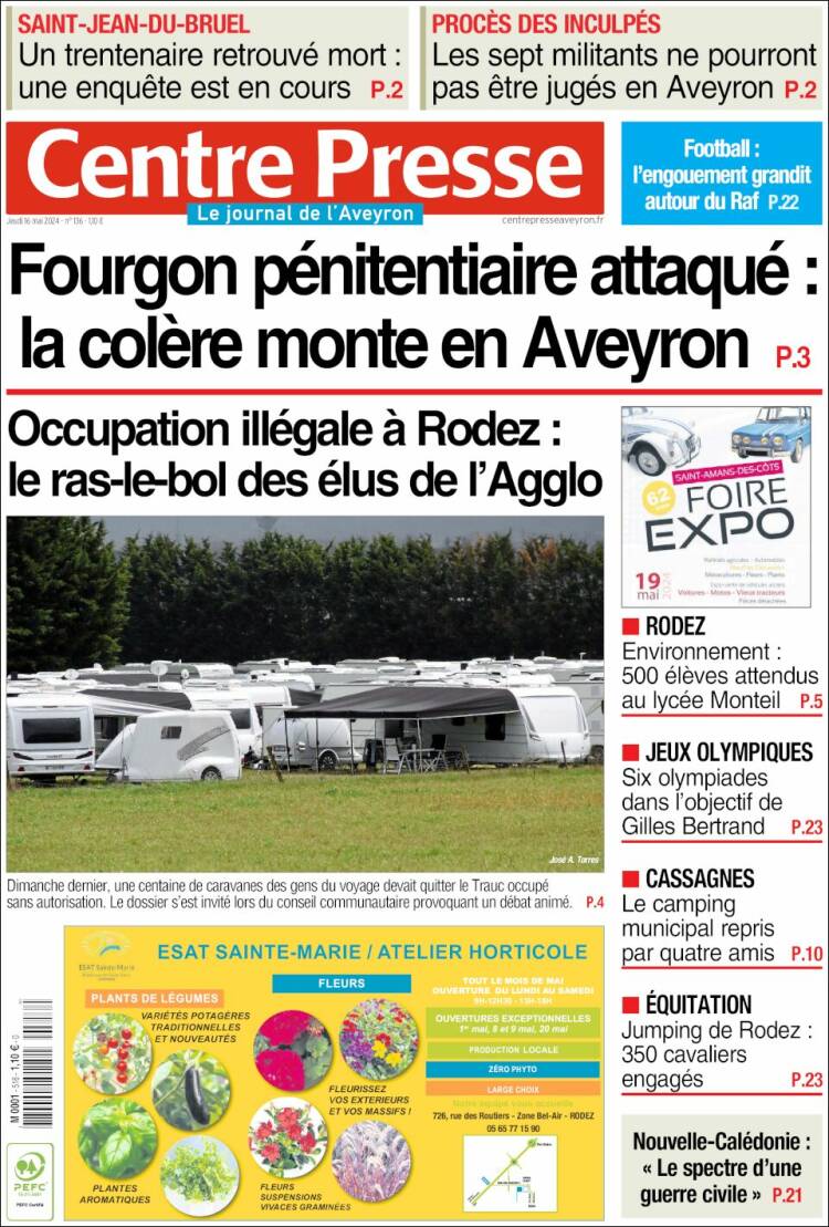 Portada de Centre Presse (Francia)