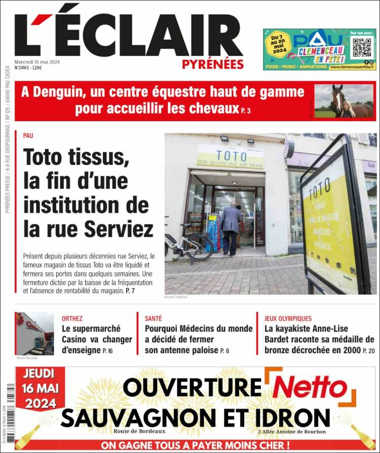 Portada de L'Eclair des Pyrénées (Francia)
