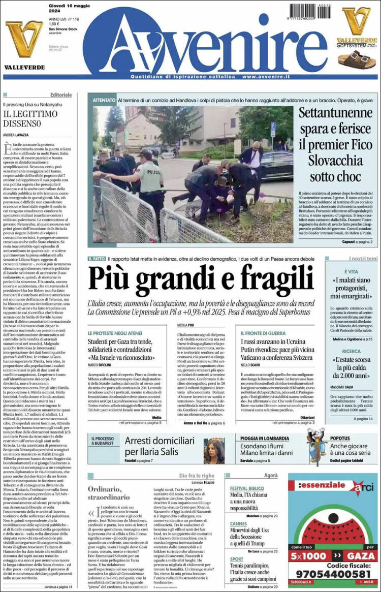 Portada de Avvenire (Italia)