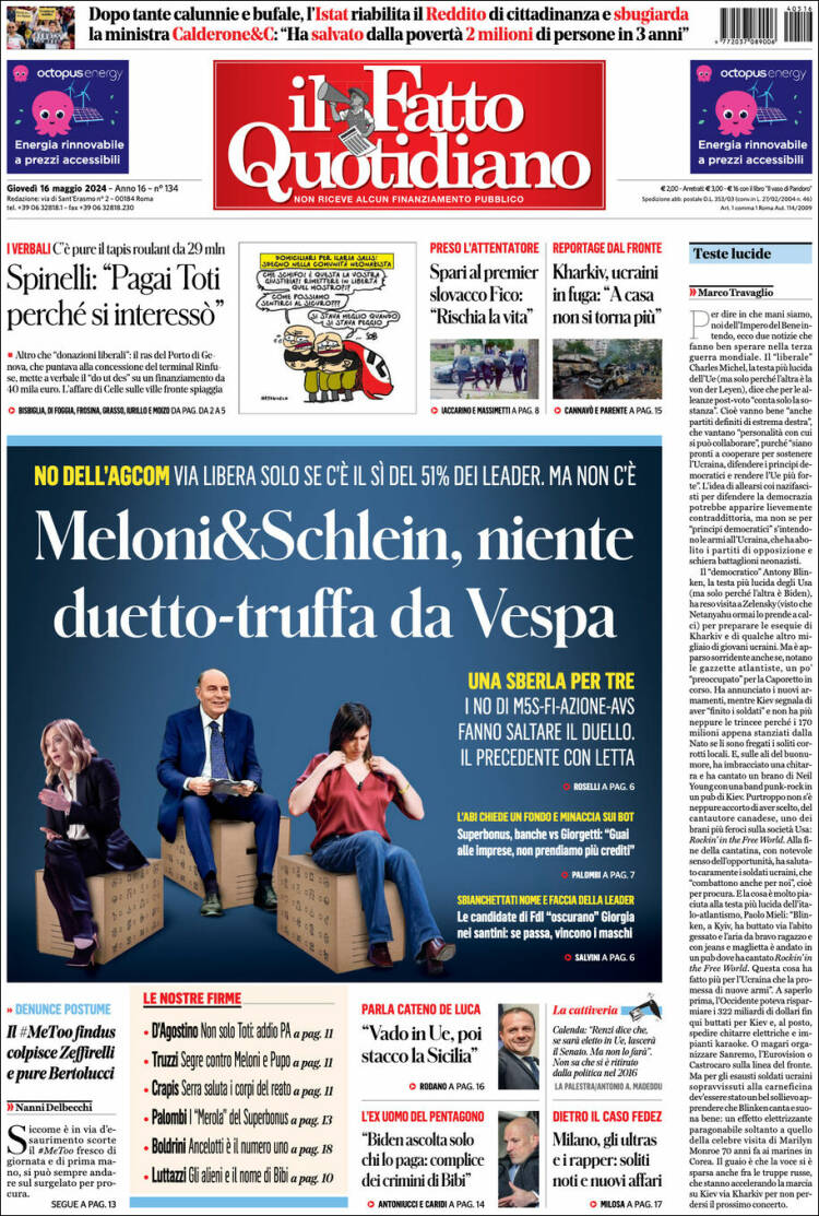 Portada de Il Fatto Quotidiano (Italia)