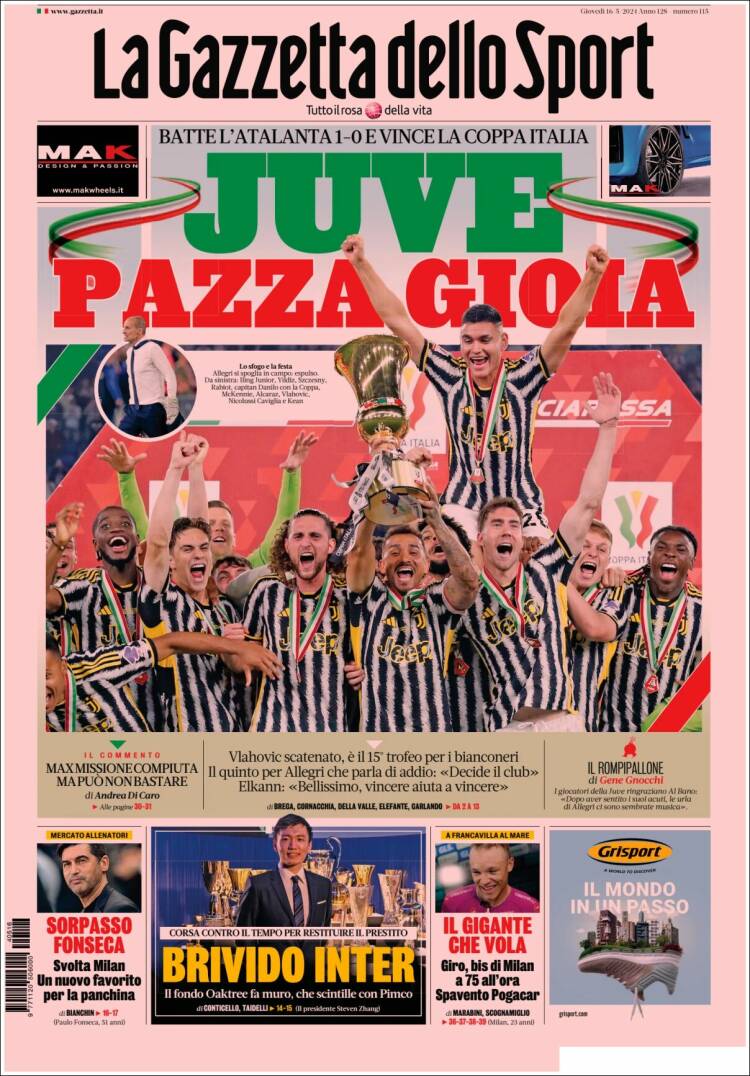 Portada de La Gazzetta dello Sport (Italia)