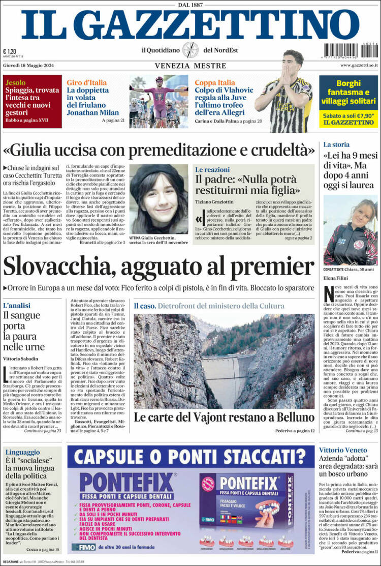 Portada de Il Gazzettino (Italia)