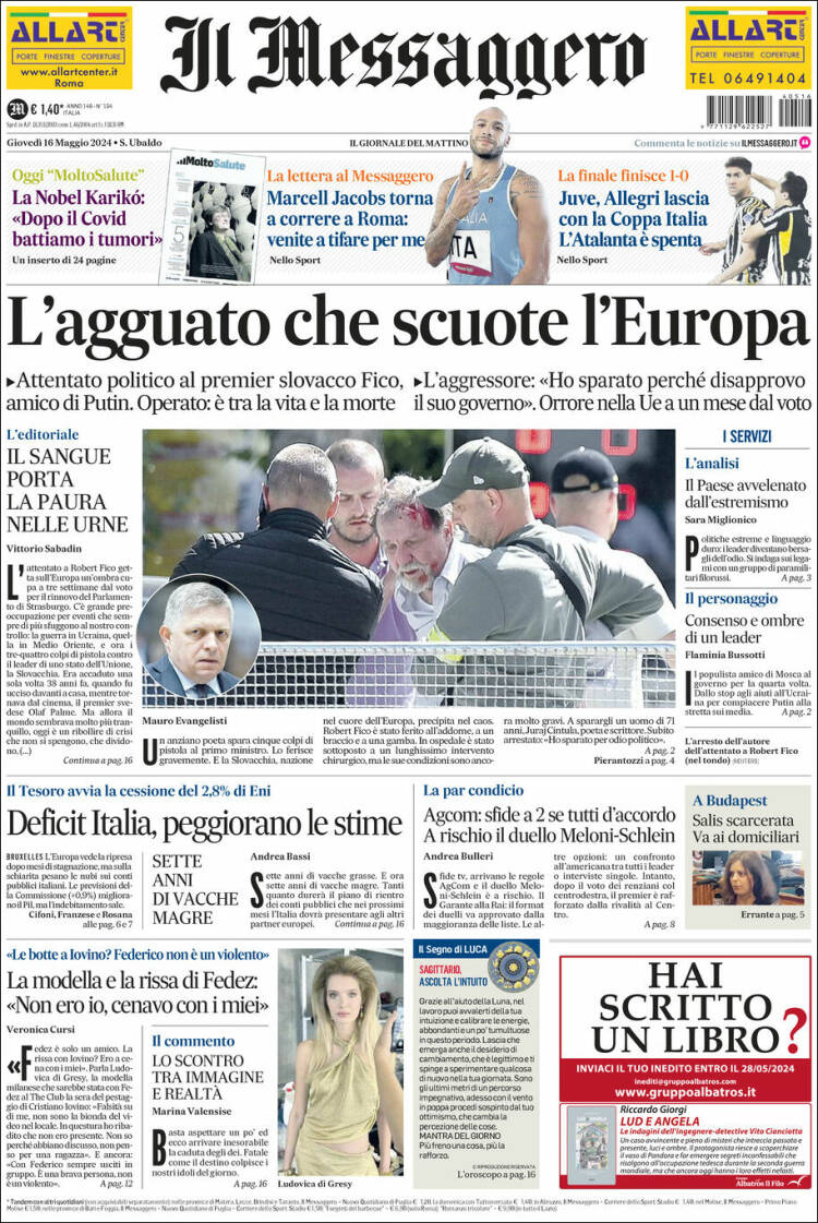 Portada de Il Messaggero (Italia)