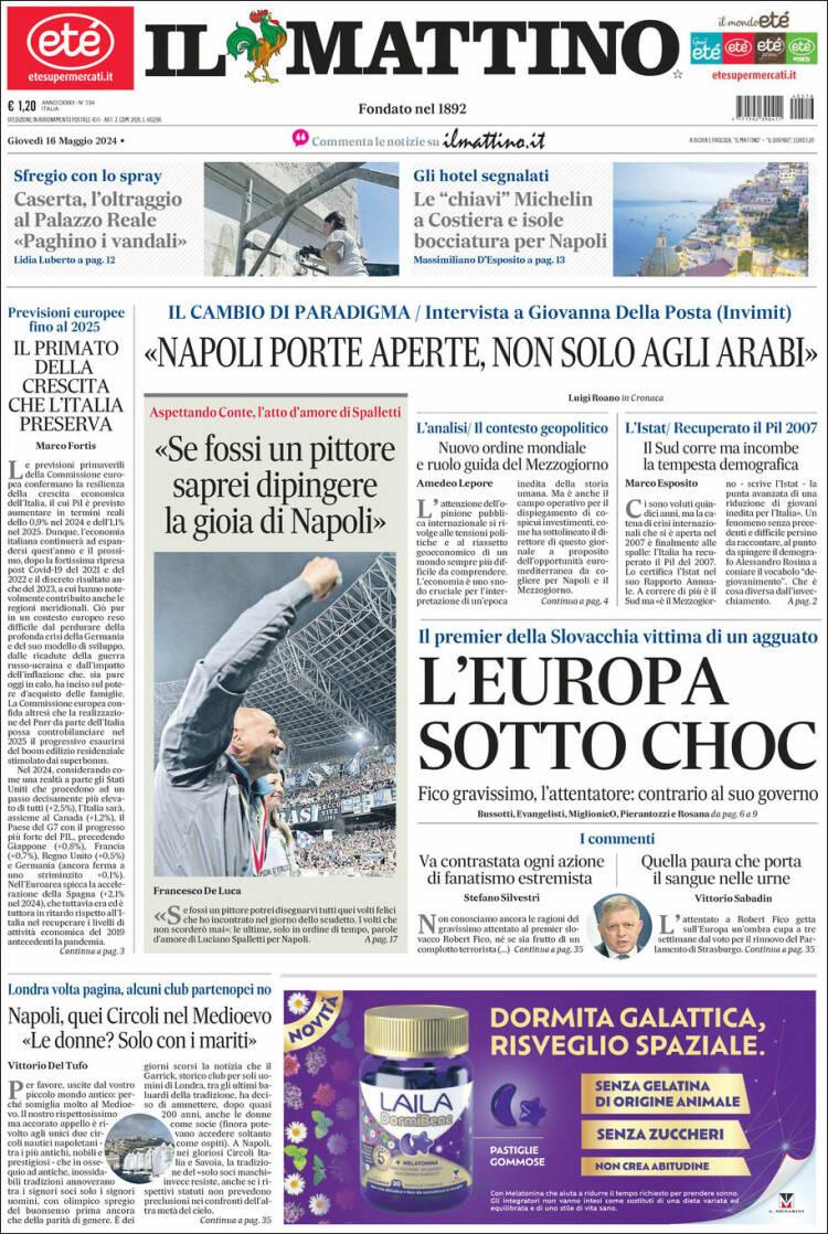 Portada de Il Mattino (Italia)