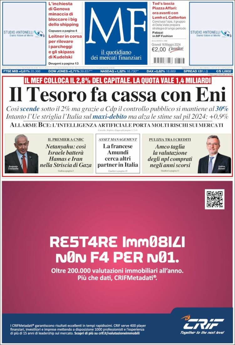 Portada de Milano Finanza (Italia)
