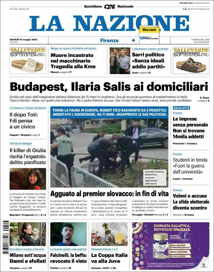 Portada de La Nazione (Italia)
