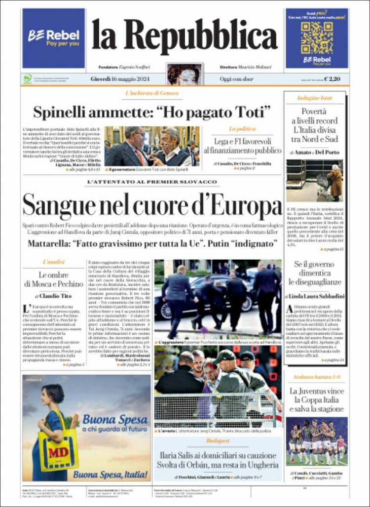 Portada de La Repubblica (Italia)