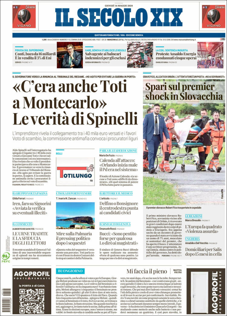 Portada de Il Secolo XIX (Italia)