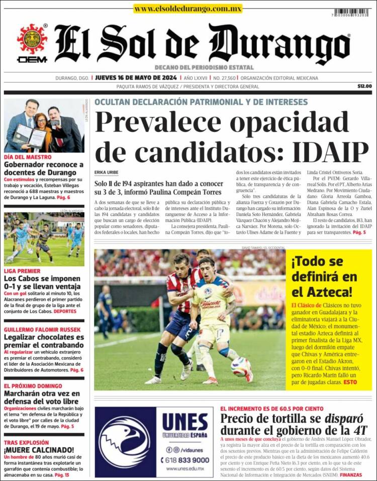 Portada de El Sol de Durango (M&eacute;xico)