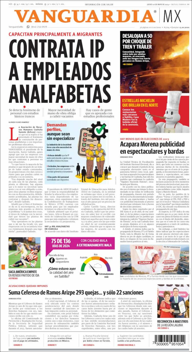 Portada de Vanguardia (M&eacute;xico)
