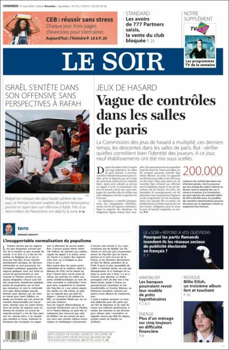 Portada de Le Soir (B&eacute;lgica)