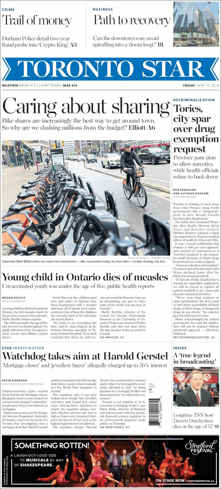 Portada de The Toronto Star (Canadá)