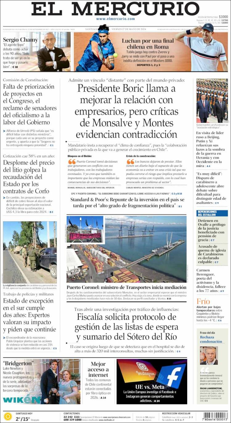 Portada de El Mercurio (Chile)