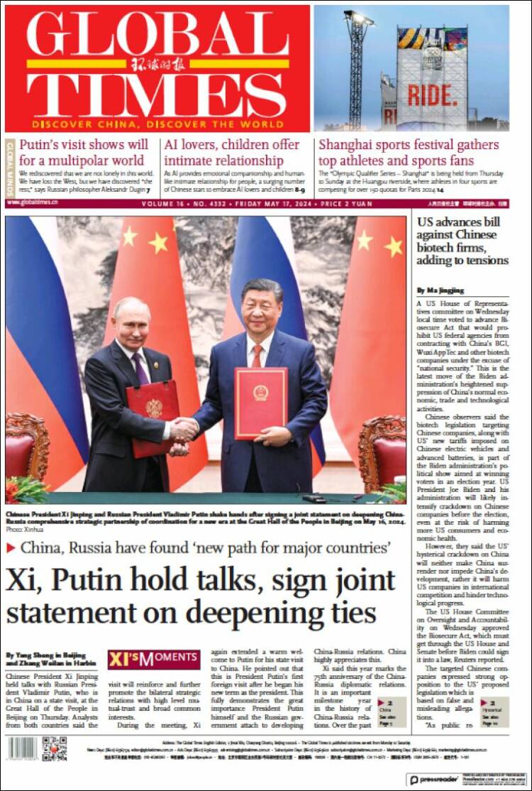 Portada de The Global Times (China)