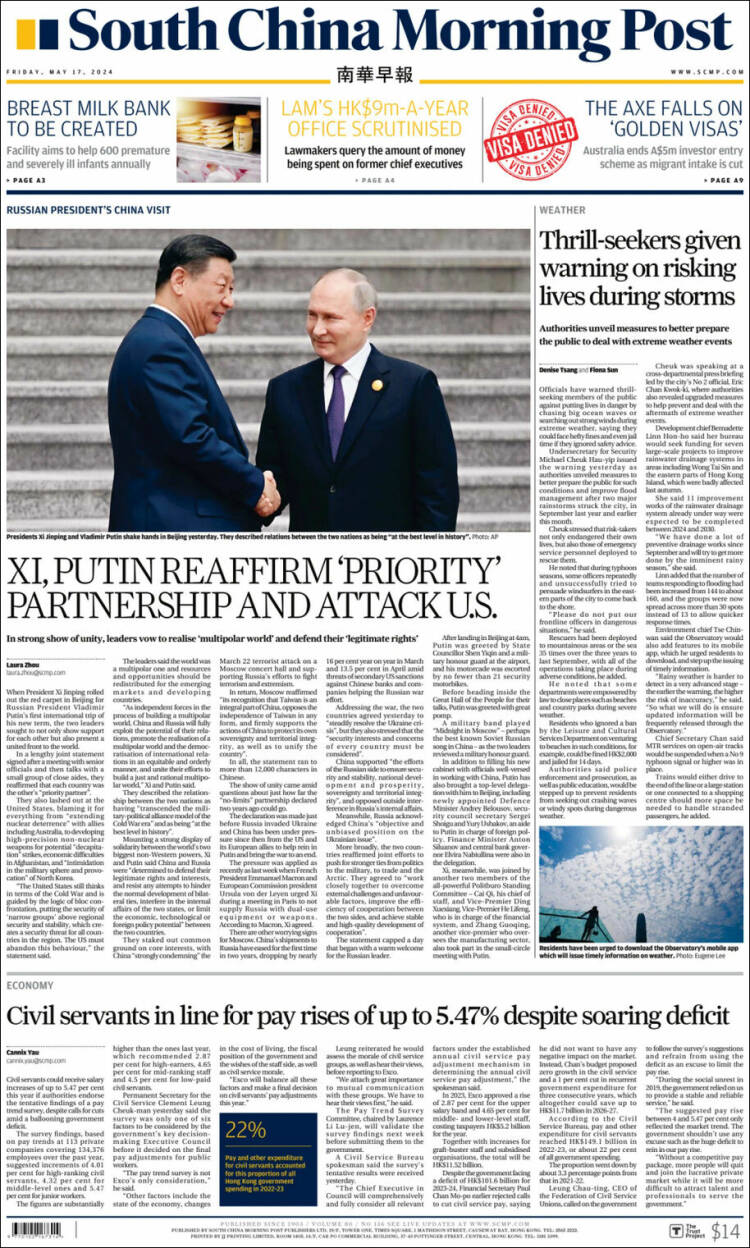 Portada de South China Morning Post (China)