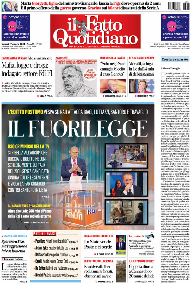 Portada de Il Fatto Quotidiano (Italia)