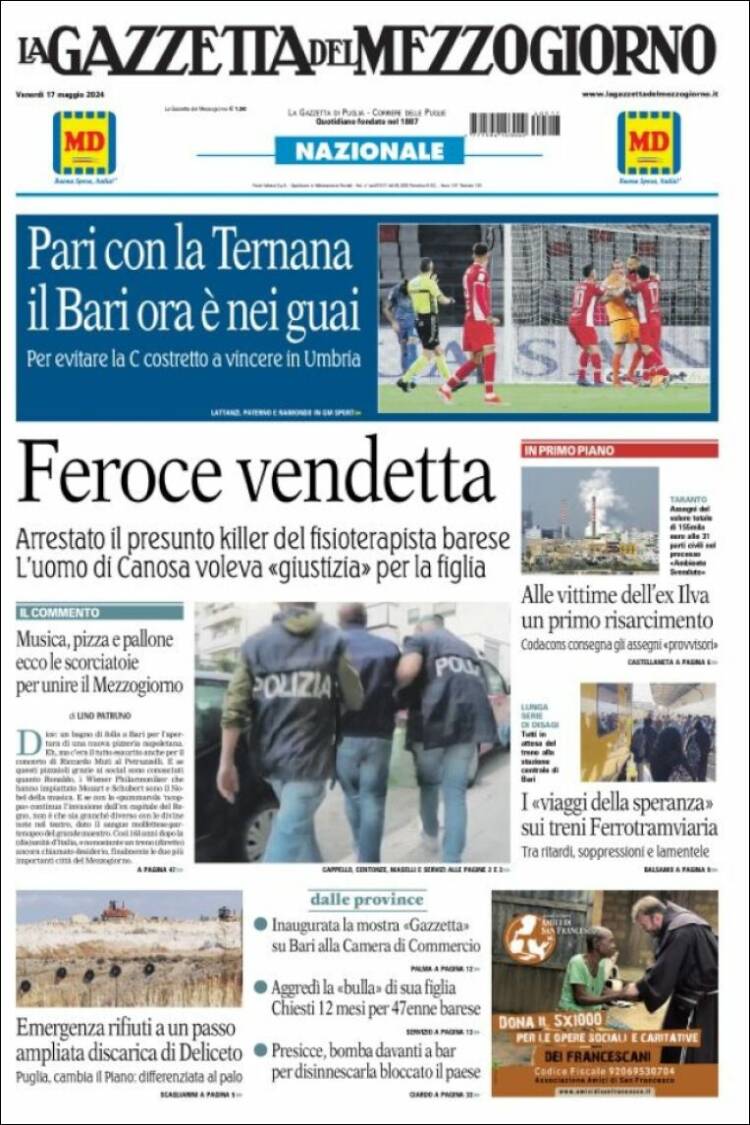 Portada de La Gazzetta del Mezzogiorno (Italia)