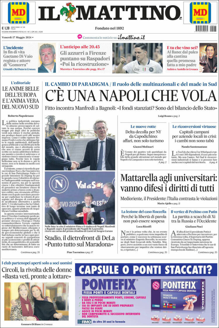 Portada de Il Mattino (Italia)