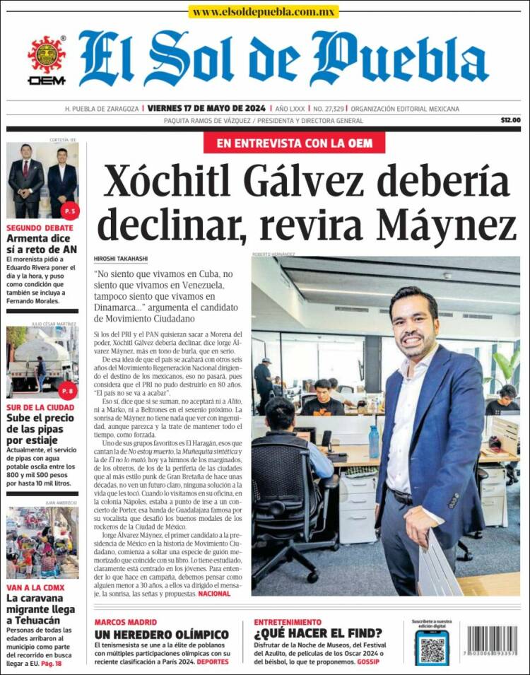 Portada de El Sol de Puebla (M&eacute;xico)