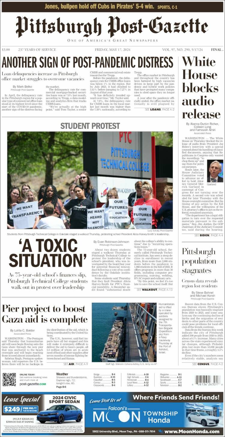 Portada de Pittsburgh Post-Gazette (USA)