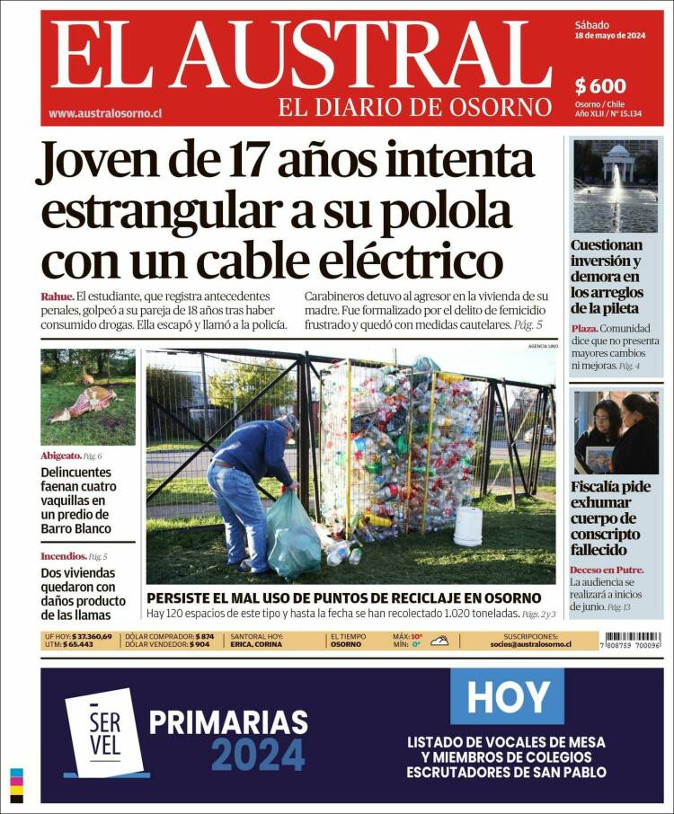 Portada de El Austral de Osorno (Chile)