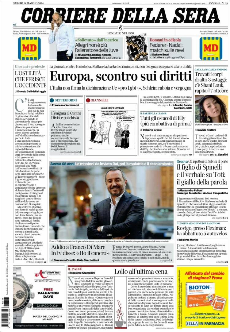 Portada de Corriere della Sera (Italia)
