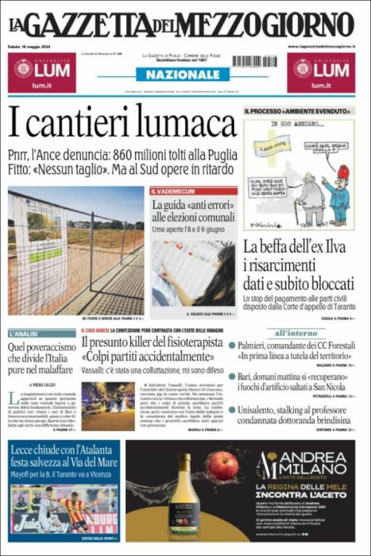 Portada de La Gazzetta del Mezzogiorno (Italia)