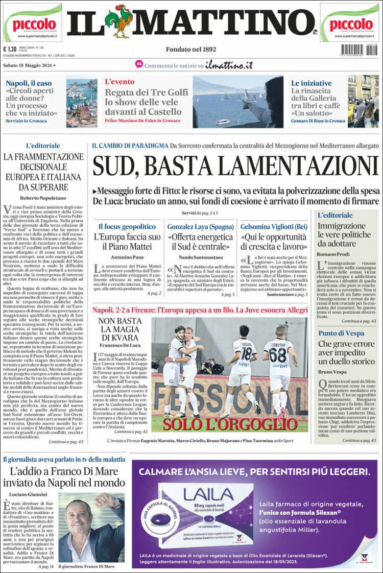 Portada de Il Mattino (Italia)
