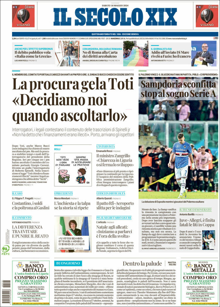 Portada de Il Secolo XIX (Italia)