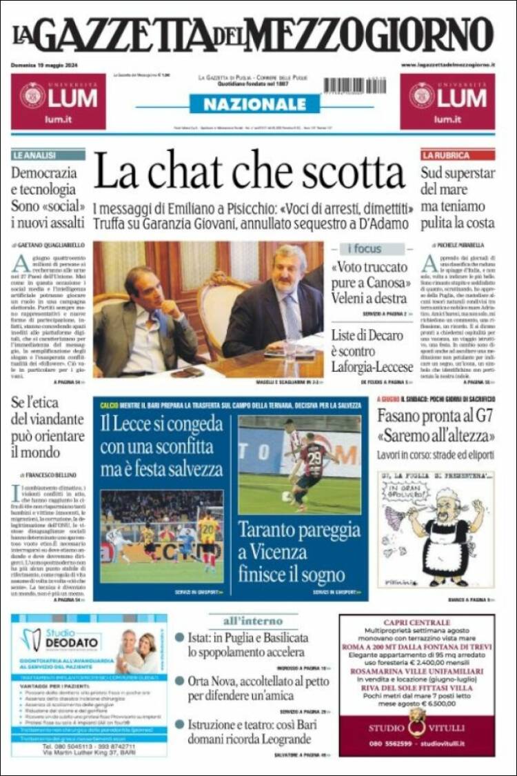 Portada de La Gazzetta del Mezzogiorno (Italia)