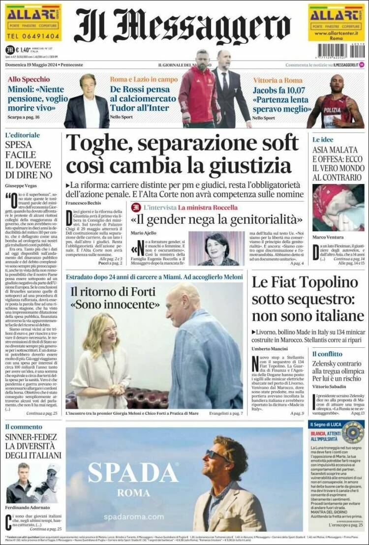 Portada de Il Messaggero (Italia)