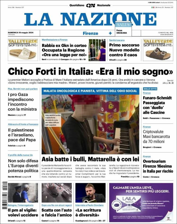 Portada de La Nazione (Italia)
