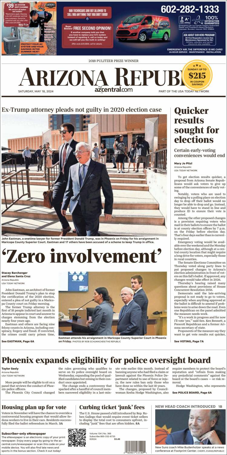 Portada de Arizona Republic News (USA)