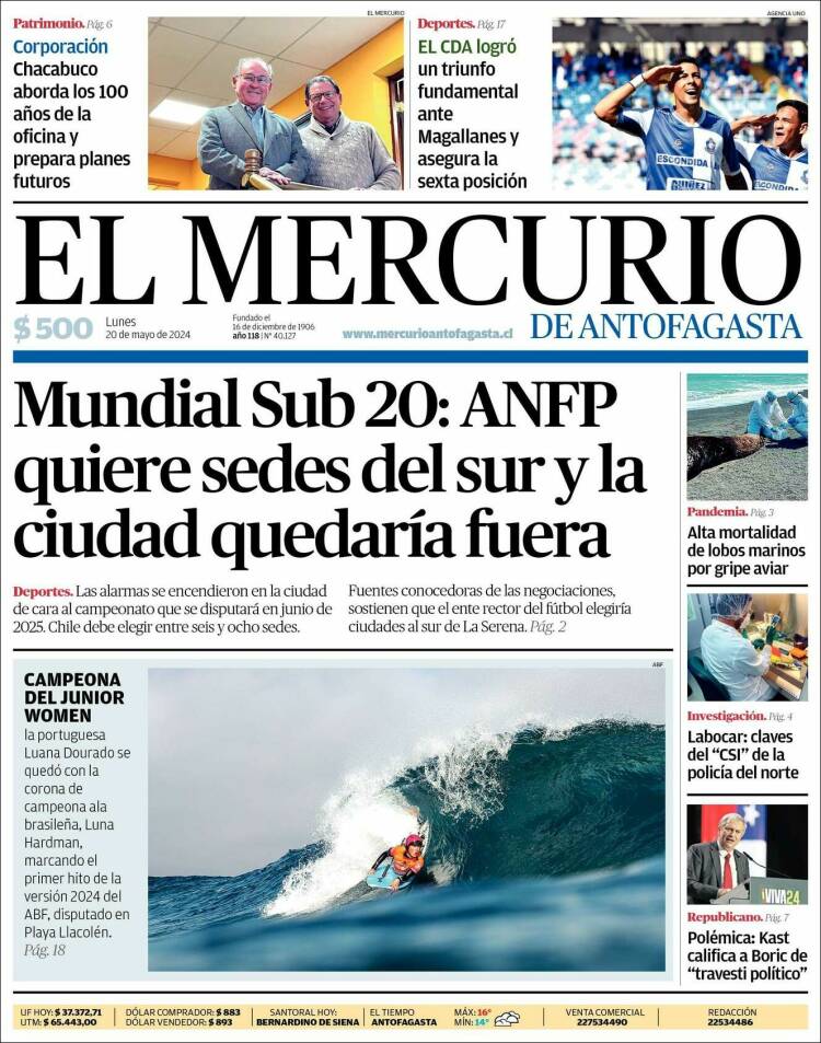 Portada de El Mercurio de Antofagasta (Chile)