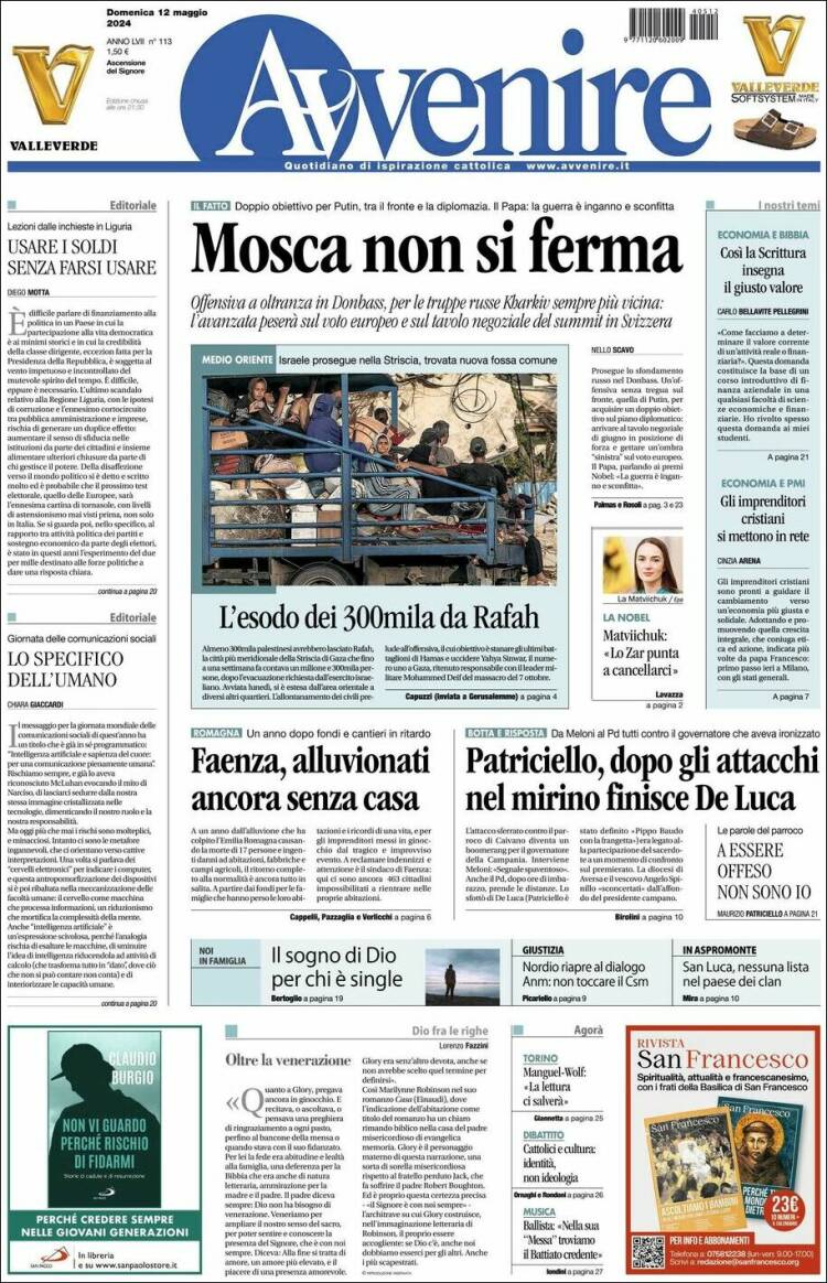 Portada de Avvenire (Italia)