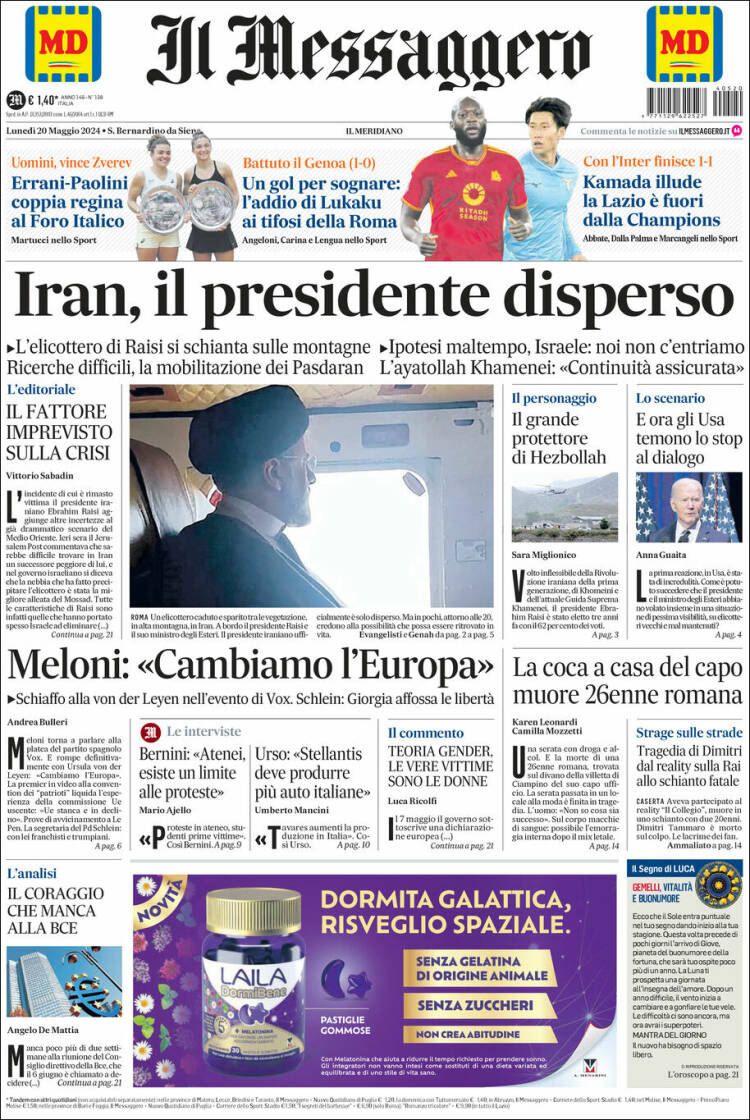 Portada de Il Messaggero (Italia)