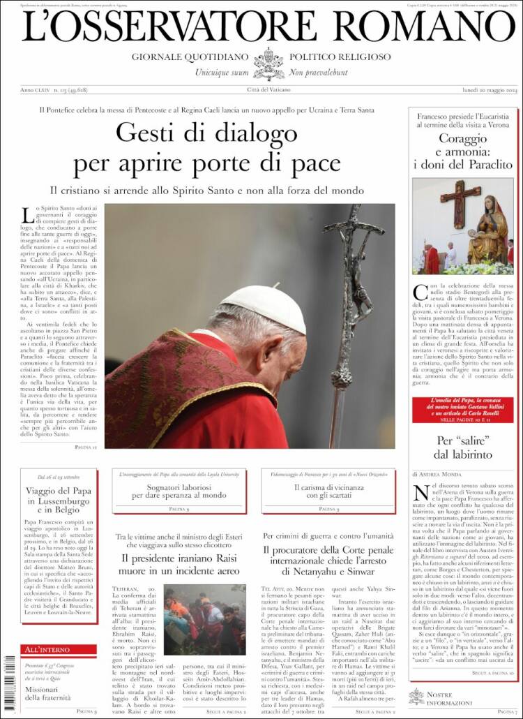 Portada de L'Osservatore Romano (Italia)