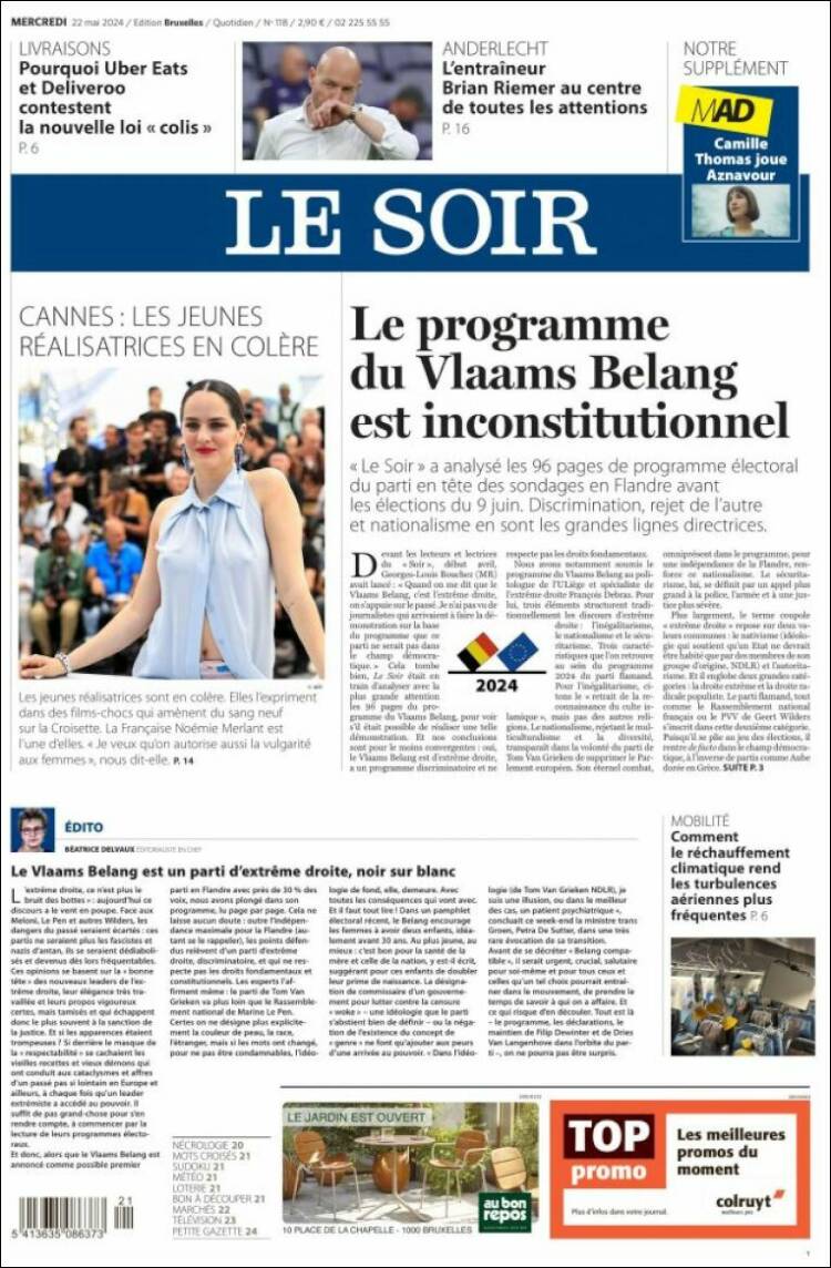Portada de Le Soir (B&eacute;lgica)