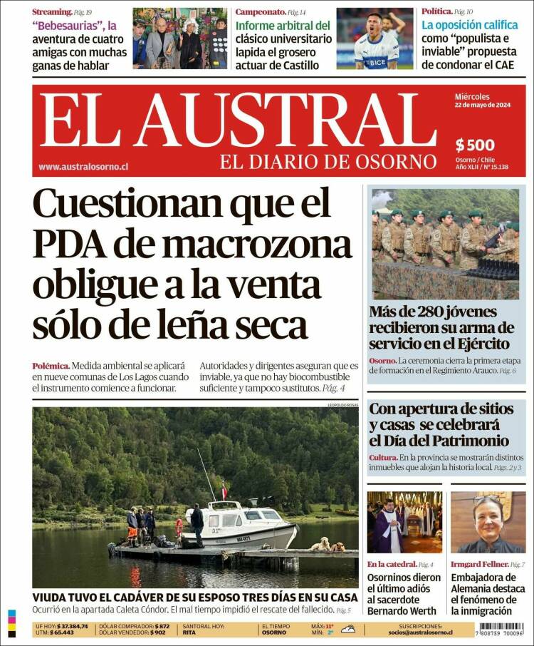 Portada de El Austral de Osorno (Chile)