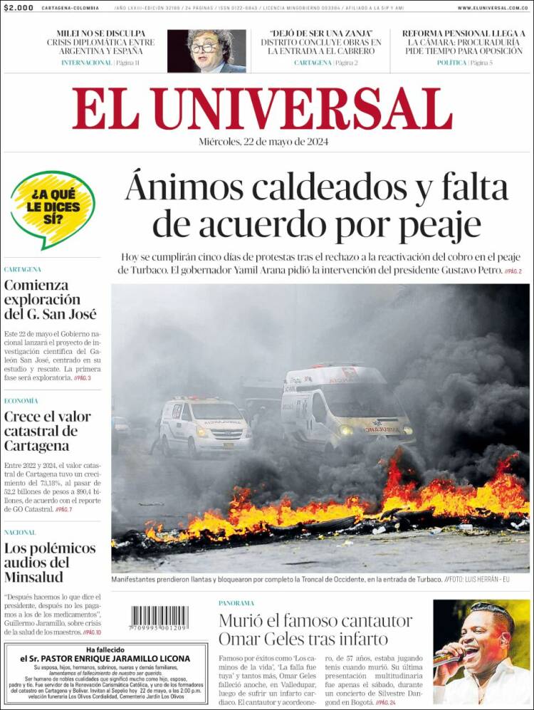 Portada de El Universal (Colombia)