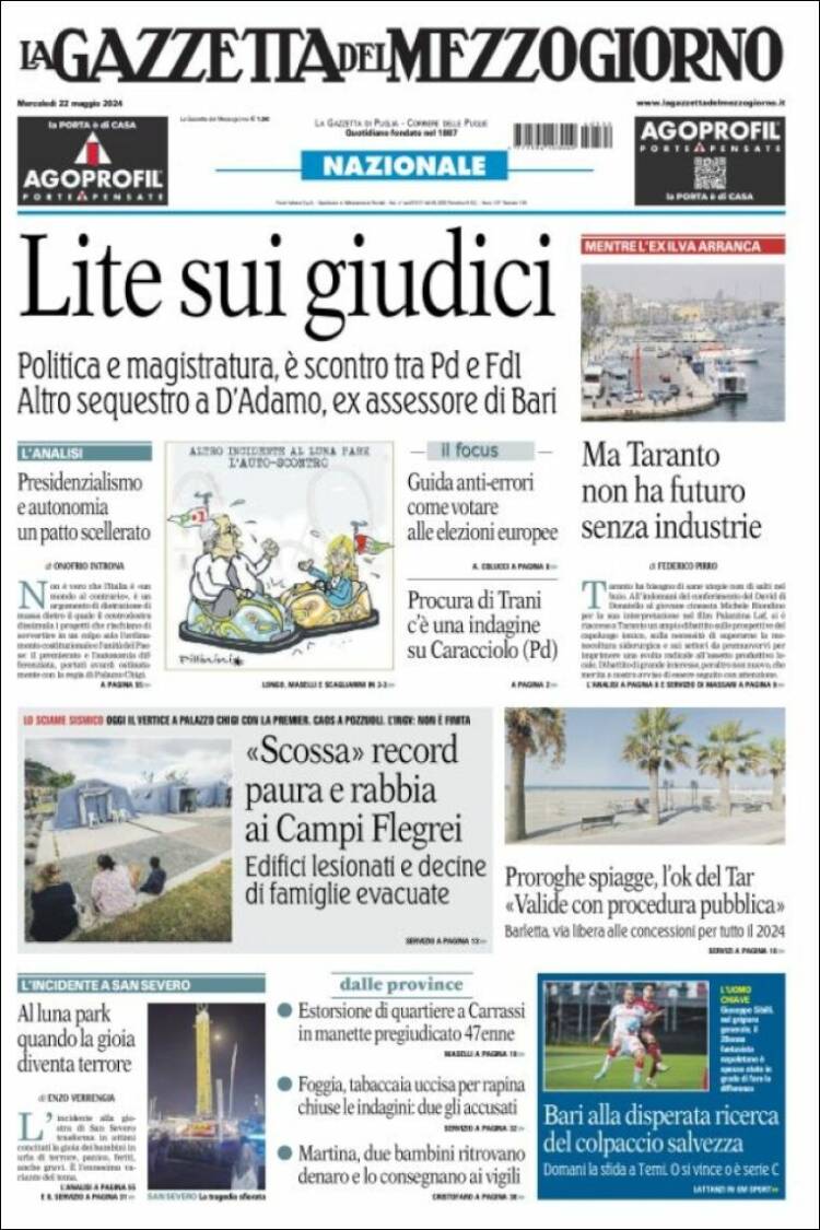Portada de La Gazzetta del Mezzogiorno (Italia)