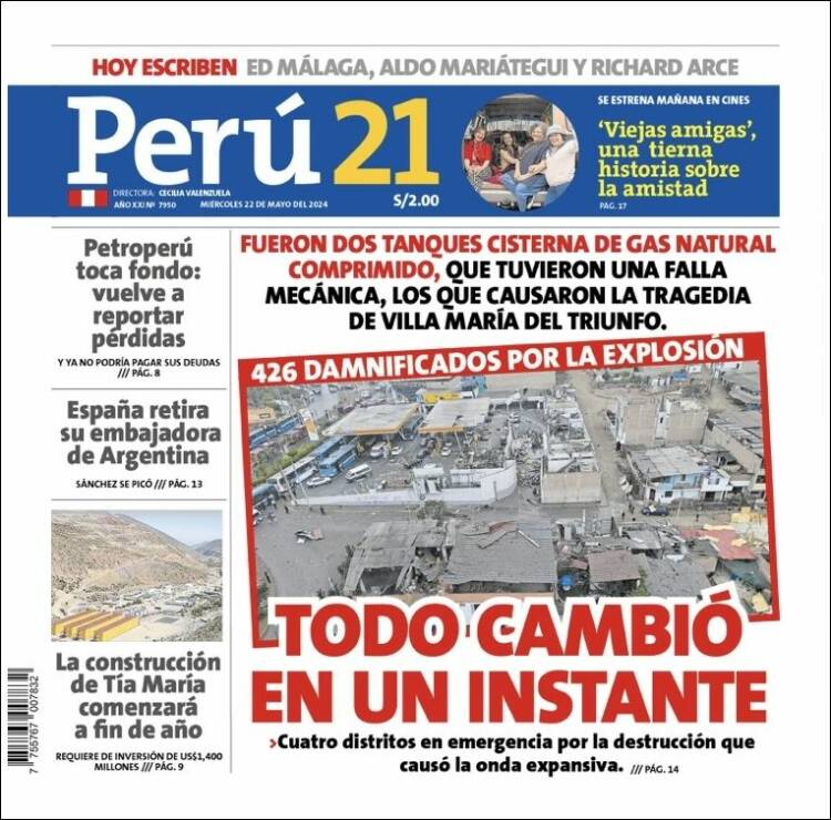 Portada de Perú 21 (Perú)